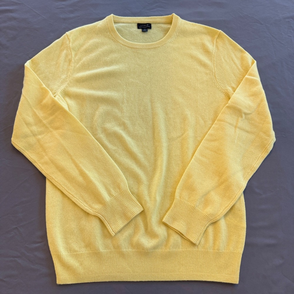 J.Crew Mens 100% Cashmere Crewneck Sweater Yellow Small Solid Long Sleeve Soft